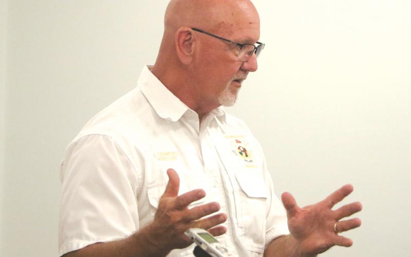 Columbia County Fire Chief Jeff Crawford addresses the Lake Shore Hospital Authority at its Monday meeting. (MORGAN MCMULLEN/Lake City Reporter)