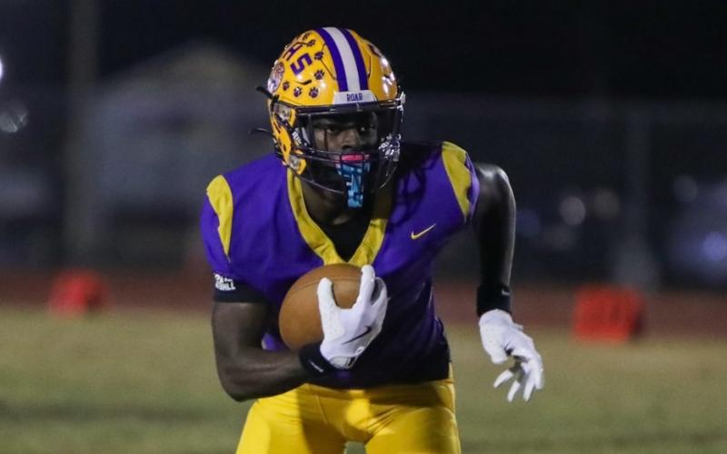Columbia receiver Kyren Caldwell turns up field after making a catch against Rickards during the Region 1-4A quarterfinals on Nov. 14, 2025. (FILE)