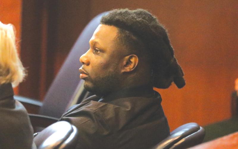 Jeffery Bell Jr., sitting in the Columbia County Courthouse on Tuesday during closing arguments, was convicted of first-degree murder. The jury will determine next week whether he should face the death penalty. (TONY BRITT/Lake City Reporter)