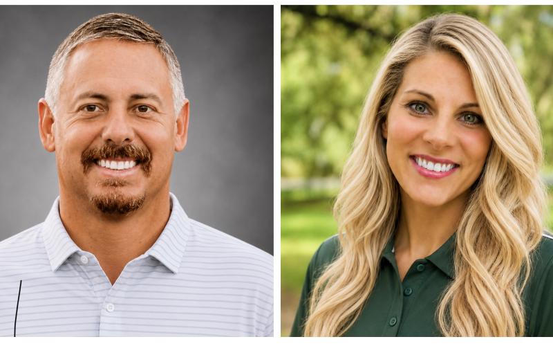 C.J. Proveax (left) has been hired as the men’s golf coach at Florida Gateway College, while Laura Kinsel (right) has been chosen to lead the women’s volleyball team. (COURTESY)