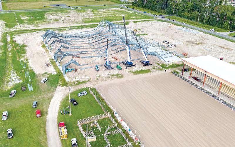 The new covered rodeo arena at the Florida Gateway Fairgrounds collapsed Wednesday afternoon. The A frame structure of the new facility was being constructed when it collapsed. (RAY CARPENTER/Lake City Reporter)