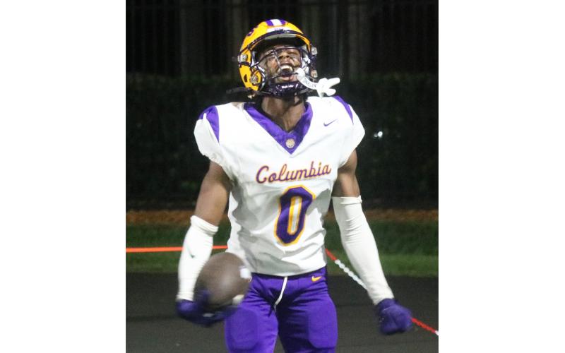 Columbia defensive back Mekah Combs-Turner celebrates after his game-clinching interception against Bolles on Friday. (JORDAN KROEGER/Lake City Reporter)