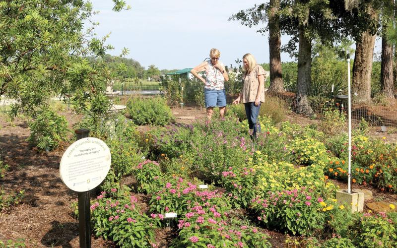 Krista Turner(right) and Judee Mundy look over plants in the Edible Ornamental Landscaping area at Hearthstone Botanical Gardens in Wellborn. (TONY BRITT/Lake City Reporter)