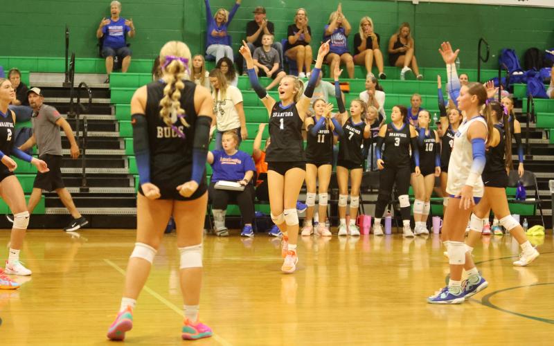 Branford celebrates after a point against Suwannee on Aug. 18. (PAUL BUCHANAN/Lake City Reporter)