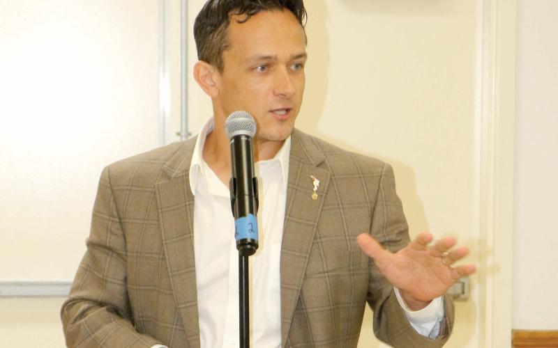 Marshall Rawson, speaking at the Columbia County Republican Party rally last month, won the primary for the Florida House District 10 seat. (FILE)