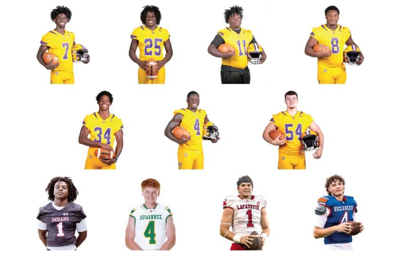 TOP ROW: Columbia WR Kyren Caldwell, Columbia RB Jerome Horne, Columbia DT Jaden McCray, Columbia DT Jaylen Underwood; MIDDLE ROW: Columbia DE Mikel Morgan, Columbia LB Alfonso Curry and Columbia RT Xander Satterfield; BOTTOM ROW: Fort White RB John’l Lawson, Suwannee LB Kyler Hall, Lafayette RB/LB Trevor Byrd and Branford QB Trent Land. (Columbia photos by Jen Chasteen; Fort White photo by Bailey Jones; Suwannee photo by Tammy Johns; Lafayette and Branford photos by Jack Howdeshell)