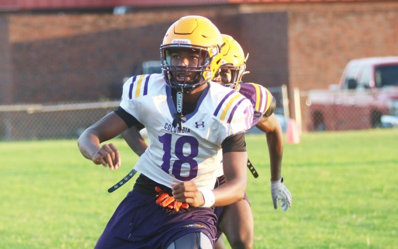 Columbia receiver Shaheed White breaks open for a catch during Monday’s practice. (JORDAN KROEGER/Lake City Reporter)
