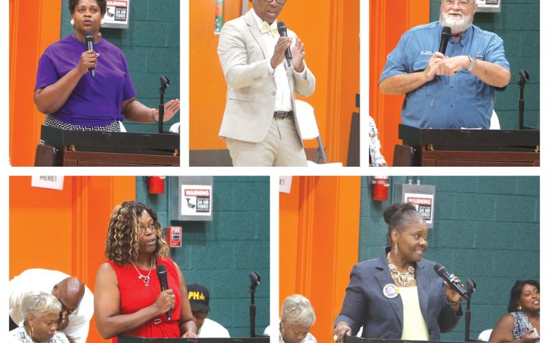Befaithful Coker (top left, clockwise), Ricky Jernigan and Norbie Ronsonet, all candidates for District 14, speak during Monday's candidate forum at Richardson Community Center. Chevella Young and Jessica Jones also spoke in contention for the District 10 seat. (Photos by MORGAN MCMULLEN/Lake City Reporter)