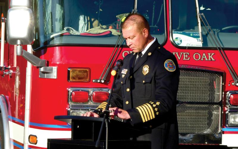 Suwannee County Fire Chief Dan Miller speaks at the Patriot Day ceremony Friday. Miller and his department are going to take over fire protection services in Branford following a vote of the town council last week. (ROB WOLFE/Lake City Reporter)