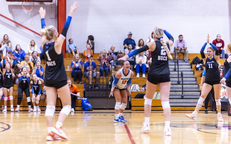 Branford's volleyball team celebrates a point against Lafayette on Aug. 27. (JACK HOWDESHELL/Lake City Reporter)