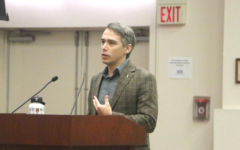 UF/IFAS economist Nathan Palardy speaks during Thursday's data center workshop. (MORGAN MCMULLEN/Lake City Reporter)