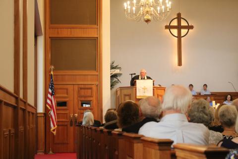 The Rev. Al Reese delivers the eulogy at the celebration of life service held for James H. Montgomery on Saturday at First Presbyterian. (MICHAEL PHILIPS/Special to the Reporter)