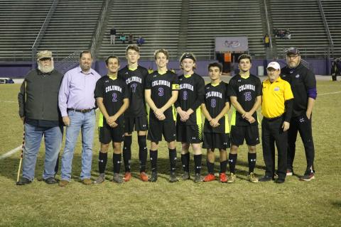 Columbia seniors Alec Villar (2), Max Bavar (17), Garrison Land (3), T.J. Hudson (6), Jeremy Erickson (8) and Garrett Fennell (15) were honored at halftime during Monday’s win over Taylor County. (JORDAN KROEGER/Lake City Reporter)