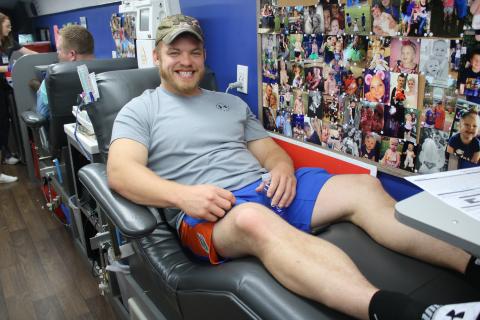 Nick Albrecht takes time off from his job at the Florida Department of Transportation to donate blood at the Lake City Police Department’s “Public Safety Blood Drive” on Friday. (MICHAEL PHILIPS/Lake City Reporter)