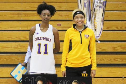 Columbia seniors Bree Dixon (11) and Taylor Ivery (10) were recognized on Senior Night prior to Thursday’s game against Buchholz. (JORDAN KROEGER/Lake City Reporter)