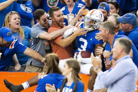 Florida defensive back Marco Wilson (3) celebrates an interception against Auburn in October. Wilson is returning to the Gators for 2020. (TRIBUNE NEWS SERVICE)