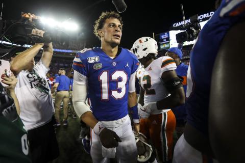 Former Florida quarterback Feleipe Franks walks off the field after the Gators' win over Miami on Aug. 24, in Orlando. (TRIBUNE NEWS SERVICE)