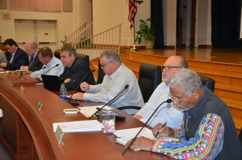 County Manager Ben Scott (from left), County Attorney Joel Foreman, and County Commissioners Tim Murphy, Toby Witt and Bucky Nash are seen during Thursday’s 4 p.m. workshop, where they discussed  developing a noise-control ordinance. Noise pollution has been at the center of numerous complaints at public meetings in recent months. (CARL MCKINNEY/Lake City Reporter)