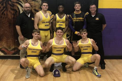 Columbia held Senior Night against Orange Park on Wednesday. Pictured are assistant coach Gary McGuigan (back row, from left),  Jesse Braden, Daveyon Brown, Bryson Reobuck and coach Pete Whittington; Ian McGuigan (front row, from left), Preston O’Quinn and Alex McGuigan. (JORDAN KROEGER/Lake City Reporter)