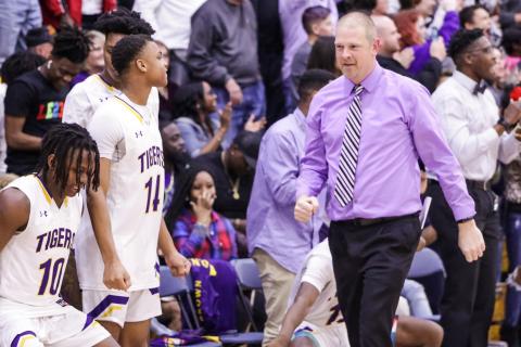 Columbia coach Steve Faulkner reacts as his team closes out a victory over Daytona Beach Mainland in Friday night’s Region 1-6A final. The win sent the Tigers to their first Final Four since 1968. (BRENT KUYKENDALL/Lake City Reporter)