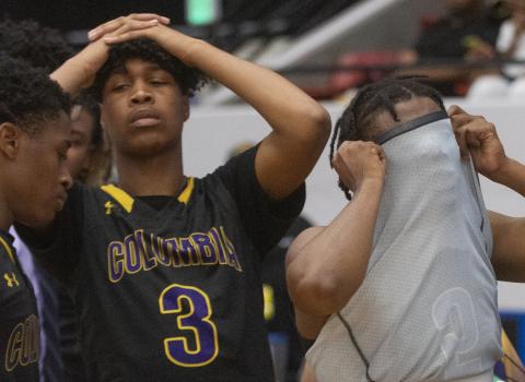 Columbia’s Charleston Ponds (3) and Darrien Jones (5), right, show their emotion after their double overtime loss to Dillard in the Class 6A semifinals at The RP Funding Center on Thursday, in Lakeland. (MICHAEL WILSON/Special to the Reporter)
