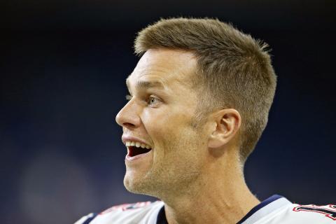 New England Patriots quarterback Tom Brady (12) smiles as he walks off the field before their preseason game against the Detroit Lions at Ford Field in Detroit, on Aug. 8, 2019. (MIKE MULHOLLAND/TNS)
