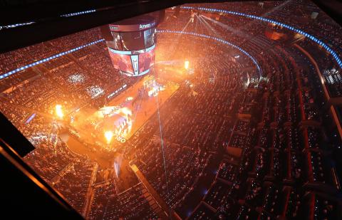 Amway Center is lit up as fans cheer before the start of the Orlando Magic's game against the Cleveland Cavaliers earlier this season. The NBA has suspended play after an athlete tested positive for COVID-19. (STEPHEN M.DOWELL/Orlando Sentinel/TNS)