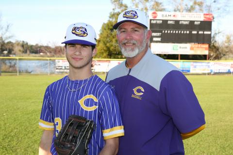 MANDI SLOAN/Special to the Reporter Columbia outfielder Hunter Thomas with his father and coach, Brian Thomas. (MANDI SLOAN/Special to the Reporter)
