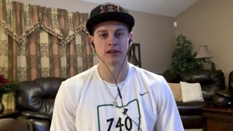  In this still image from video provided by the NFL, LSU quarterback Joe Burrow appears in The Plains, Ohio, during the NFL draft on Thursday. (NFL)