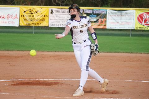 Columbia pitcher Emma Edson hurls a pitch to the plate against Madison County on March 12. (JORDAN KROEGER/Lake City Reporter)
