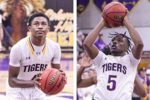 LEFT: Columbia shooting guard Kenney Gaines gets set to shoot a free throw against Daytona Beach Mainland in the Region 1-6A finals on Feb. 28. RIGHT: Columbia point guard Darrien Jones pulls up for a jumper against Daytona Beach Mainland in the Region 1-6A finals on Feb. 28. (BRENT KUYKENDALL/Lake City Reporter)