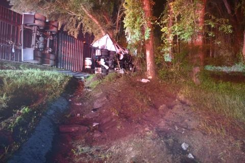 A semi tractor-trailer driven by a St. Cloud man crashed on I-75 in Columbia County early Tuesday morning, killing the driver, the Florida Highway Patrol reported. The man’s name was not released. (COURTESY FHP)