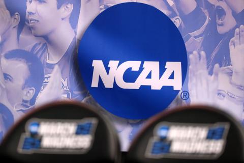 The NCAA logo is seen in the second half of the game between the Northwestern Wildcats and the Vanderbilt Commodores during the first round of the 2017 NCAA Men's Basketball Tournament at Vivint Smart Home Arena on March 16, 2017 in Salt Lake City, Utah. (CHRISTIAN PETERSEN/Getty Images/TNS)