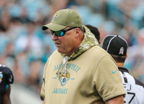 Jaguars head coach Doug Marrone checks on an injured player on the field during the second half of an NFL football game against the Buccaneers at TIAA Bank Field, Sunday, Dec. 1, 2019 in Jacksonville. (GARY LLOYD MCCULLOUGH/TNS)