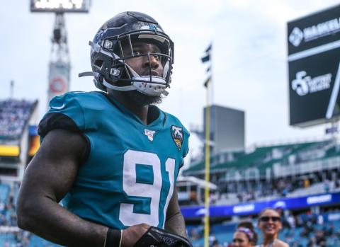 Jacksonville Jaguars defensive end Yannick Ngakoue (91) walks off the field after an NFL football game against the New York Jets at TIAA Bank Field, Sunday, Oct. 27, 2019 in Jacksonville. (TRIBUNE NEWS SERVICE)