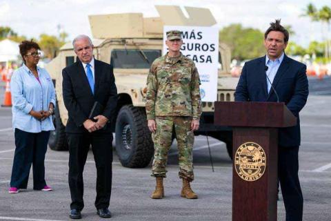Gov. Ron DeSantis shown at Wednesday's news conference. (MATIAS J. OCNER/Miami Herald)