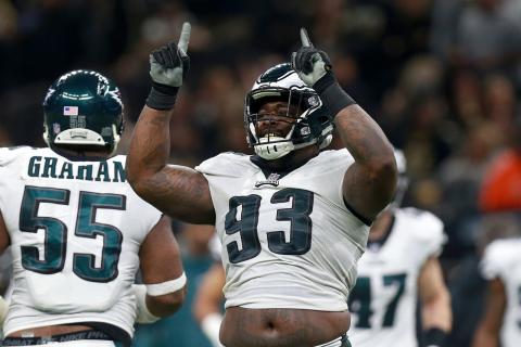 Timmy Jernigan (93) celebrates his sack against the New Orleans Saints while playing for the Philadelphia Eagles in the NFC Divisional Playoff Game at Mercedes Benz Superdome on Jan. 13, 2019, in New Orleans. (SEAN GARDNER/Getty Images/TNS)