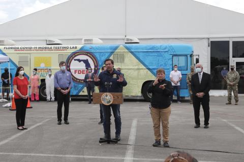 Florida Gov. Ron DeSantis speaks during a news conference at a covid-19 testing site at Hard Rock Stadium in Miami on May 6. (AP PHOTO)