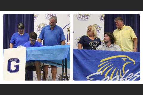 LEFT: Columbia outfielder Hunter Thomas inks his letter of intent with Glenville State College. RIGHT: Columbia outfielder Lance Minson inks his letter of intent with Embry-Riddle. (JORDAN KROEGER/Lake City Reporter)