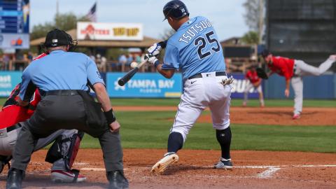 Tampa Bay Rays designated hitter Yoshi Tsutsugo connects for a solo home run in the fourth inning of a spring training game against the Boston Red Sox on Feb. 24, in Port Charlotte. (CHRIS URSO/Tampa Bay Times/TNS)