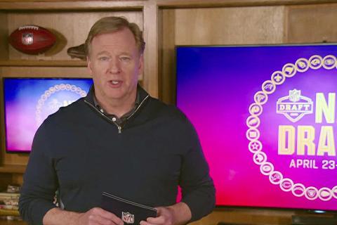 In this still image from video provided by the NFL, NFL Commissioner Roger Goodell speaks during the NFL draft on April 25. (NFL)