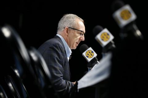 Greg Sankey, commissioner of the Southeastern Conference, talks about the decision to cancel the remaining games in the SEC NCAA college basketball tournament on March 12, in Nashville, Tenn. College sports leaders have repeatedly said there can be no college sports without campuses being open to students. And those decisions will be made with guidance from state and local public health and government officials. (AP FILE PHOTO)
