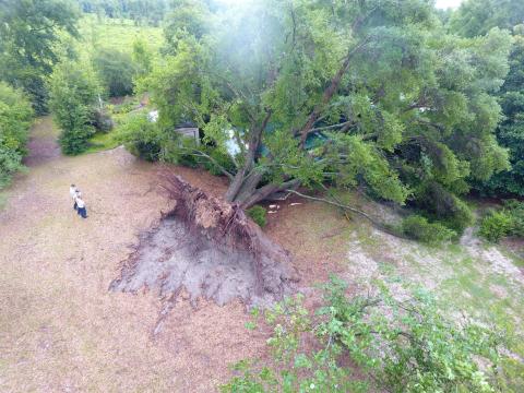 Columbia County Fire Rescue workers assess damage to a home west of Columbia City on County Road 240 Saturday during a thunderstorm. An oak tree fell onto the house during the storm and first responders at the scene helped relocate the family’s belongings due to the opening in the roof. No injuries were reported. (COURTESY)