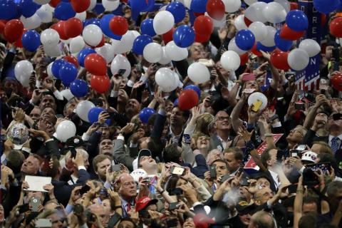 In this 2016 file photo, confetti and balloons fall during celebrations after Republican presidential candidate Donald Trump’s acceptance speech on the final day of the Republican National Convention in Cleveland. (AP FILE PHOTO)