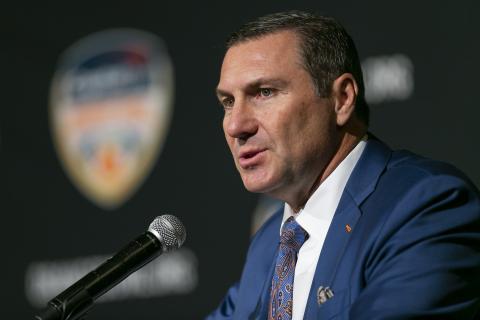 Florida Gators head coach Dan Mullen speaks to the media about the 2019 Orange Bowl during a press conference at the Hard Rock Hotel on Dec. 11, 2019, in Hollywood. (MATIAS J. OCNER/Miami Herald/TNS)