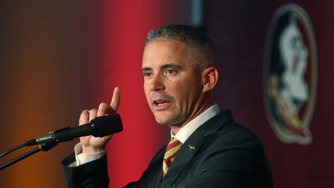 Florida State head football coach Mike Norvell speaks during his introductory news conference in Tallahassee. (MATT BAKER/Tampa Bay Times/TNS)