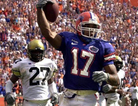 Reche Caldwell celebrates a touchdown against Vanderbilt in 2001. (TRIBUNE NEWS SERVICE)