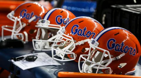 Florida Gators helmets sit on a table during a game against Charleston Southern on Sept. 1, 2018 at Ben Hill Griffin Stadium in Gainesville. (TRIBUNE NEWS SERVICE)