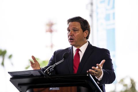 Gov. Ron DeSantis delivers remarks during a press conference at NBC Sports Grill & Brew at Universal CityWalk on June 3. (TRIBUNE NEWS SERVICE)