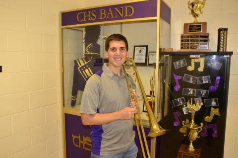 CHS band director Jay Miller is seen with his trumpet on campus. Miller was selected over countless other music educators as a quarterfinalist in the Grammy Music Educator Award for 2021. It’s a major honor that could net up to $10,000 for the school’s music program should he win. Miller credited his students with the fact that he’s made it this far. (CARL MCKINNEY/Lake City Reporter)
